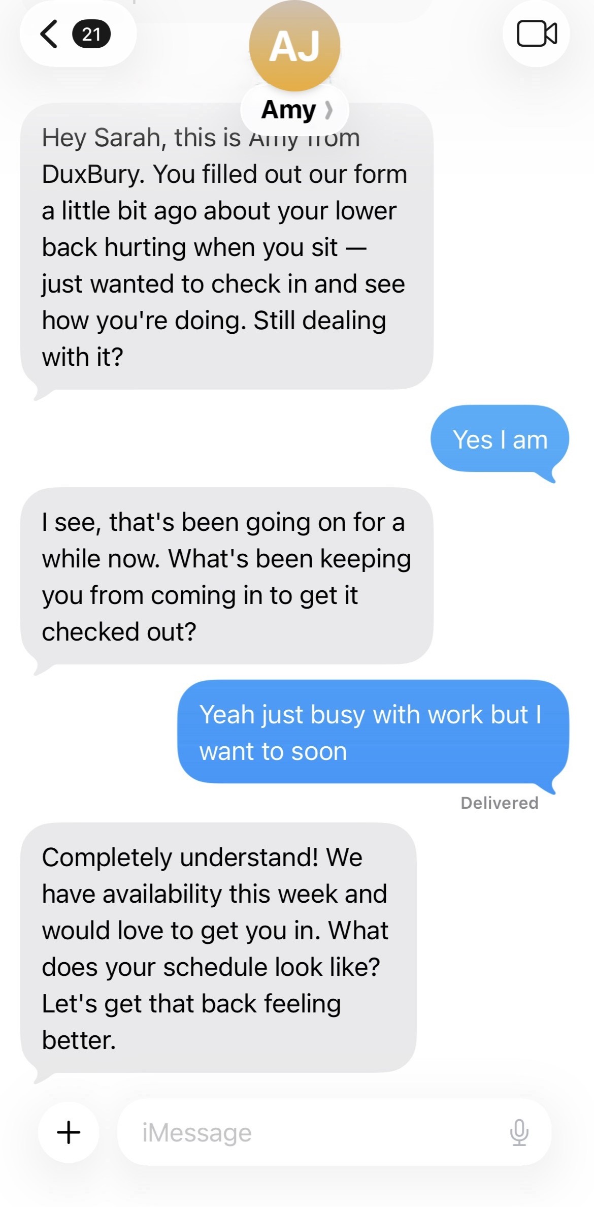 Real SMS conversation booking a chiropractic appointment